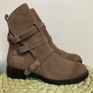Vintage Foundry Co Justine Taupe Brown Suede Buckle Flat Moto Mid Calf Boot NWOB